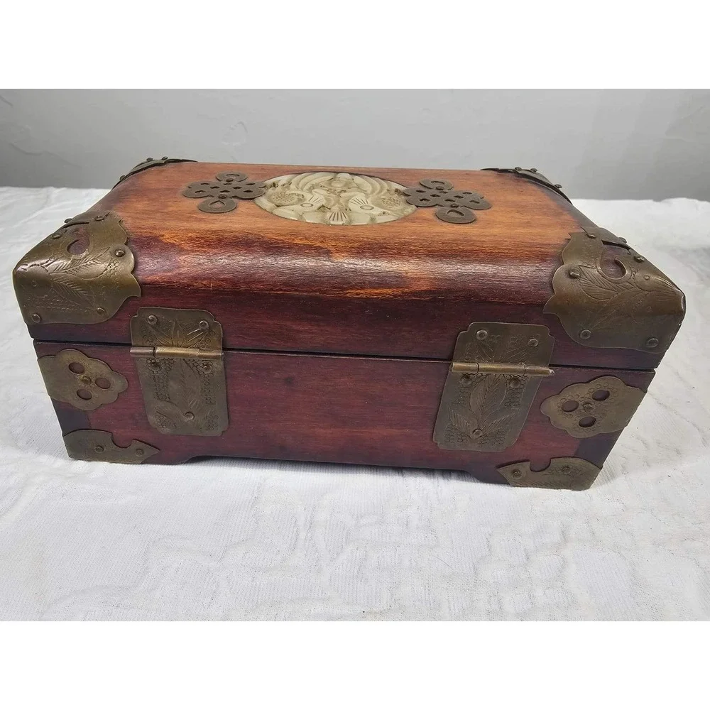 Vintage Wood Brass‎ Jade Jewelry Box Carved Jade Inlay Shanghai green Silk